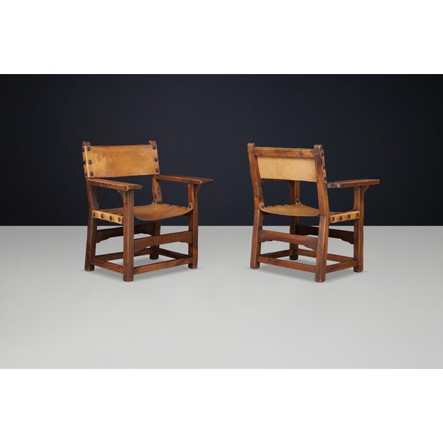 Spanish Beechwood Armchairs with Patinated Cognac Leather, 1950s, Set of 2 For Sale - Image 9 of 10