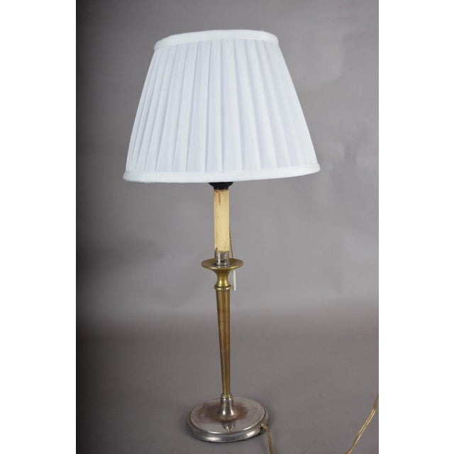 Neoclassical Vintage Brass Table Lamp, Worn Silver-Tone Finish, Pleated Shade, 1940s For Sale - Image 3 of 7