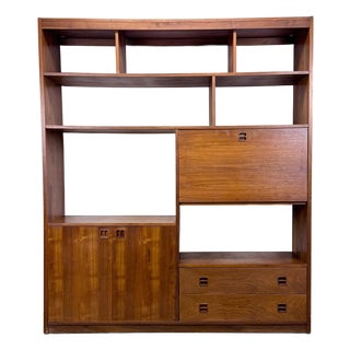 Mid Century Danish Modern Style Walnut Wall Unit / Bookcase / Writing Desk / Cabinet For Sale