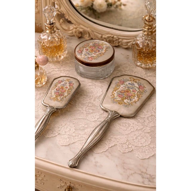 Metal Mid-20th Century Silver Plate Vanity Set With Floral Insert – 3 Piece Boudoir Collection For Sale - Image 7 of 7