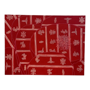 1970s Molly J Schiff Red Oil Painting Interior Peruvian Painting on Canvas