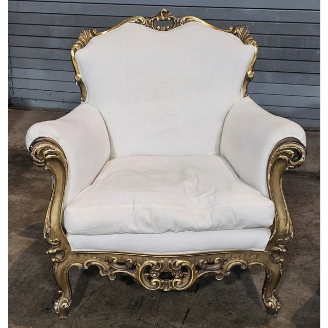 Early 20th Century Pair Italian Rococo Style Giltwood Armchairs Cream Colored Muslin Fabric For Sale - Image 4 of 11
