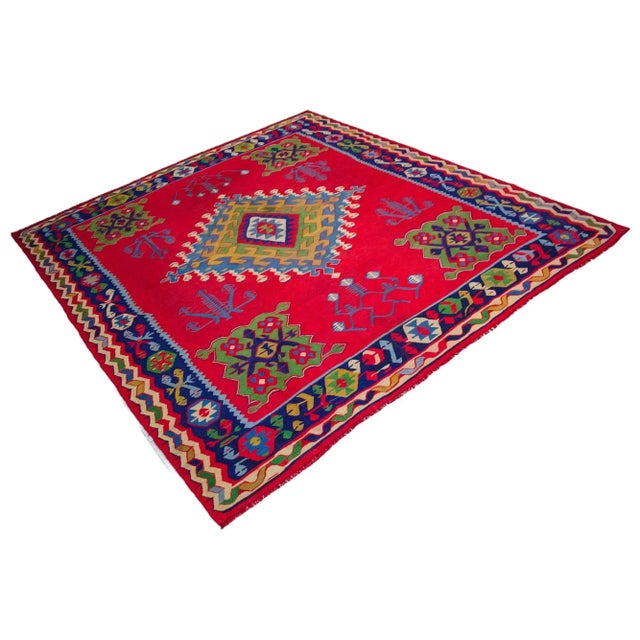Offered is a Turkish Oushak kilim with a beautiful floral medallion pattern. Unique Antique kilim, truly one of a kind...