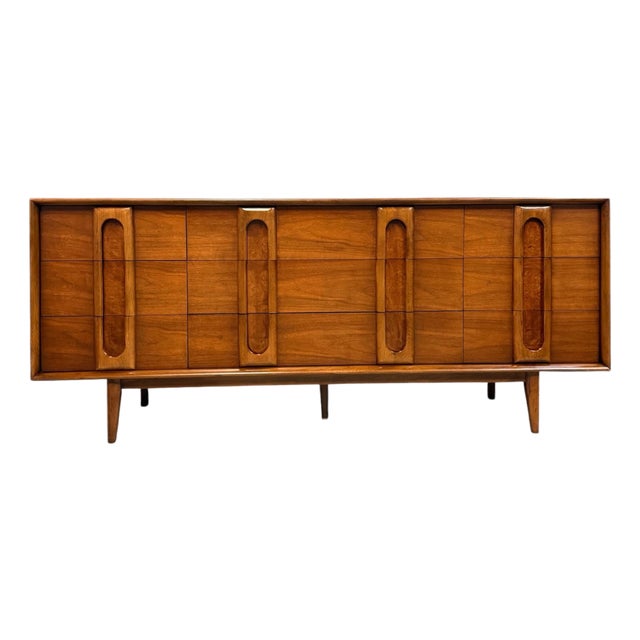 Lane Summit Mid Century Modern 9 Drawer Dresser, Walnut Lowboy With Burl Inserts For Sale