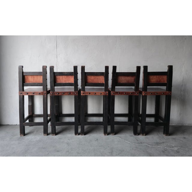 Vintage Spanish Colonial Hacienda Style Leather Bar Stools - Set of 5 For Sale - Image 4 of 10
