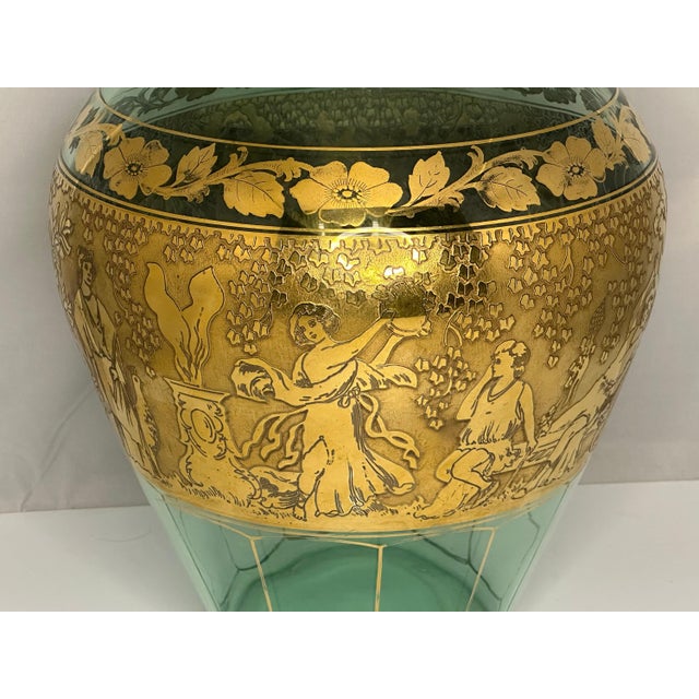 Classical Roman Early 20th Century Moser Uranium Glass Vase: Gilt Frieze, Renaissance Revival, 13" Tall For Sale - Image 3 of 10