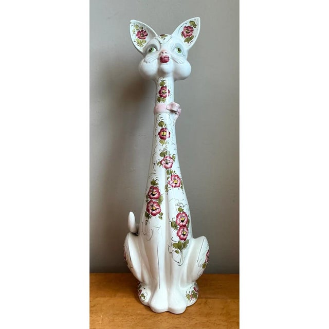 Vintage Italian Floral Hand-Painted Ceramic Cat For Sale - Image 9 of 12