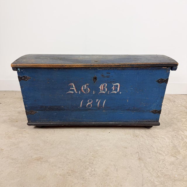 Antique Blue Painted Wooden Chest Dated 1871 For Sale - Image 6 of 16