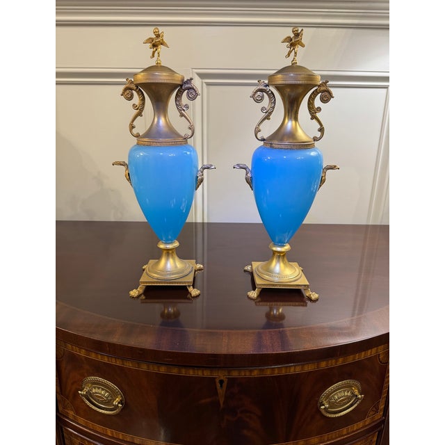 Antique French Blue Opaline Vase Urn Pair With Ormolu Mounts Cherub Finials Eagle Handles 19th Century For Sale - Image 15 of 15