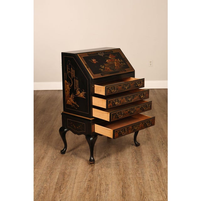 Queen Anne Style Chinoiserie Slant Front Writing Desk For Sale - Image 4 of 18