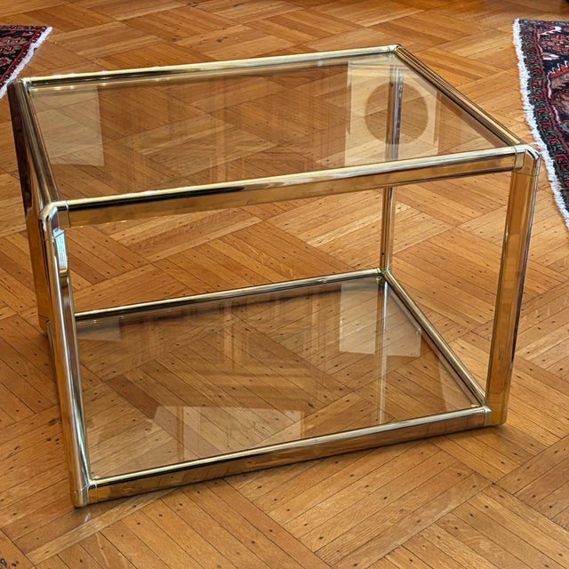 Metal Mid-Century Modern Two-Tier Glass Top Brass Side Table For Sale - Image 7 of 18