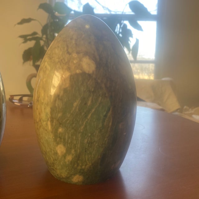 Mid-Century Modern Vintage Ostrich Egg Jade-Green Marble Bookends For Sale - Image 3 of 5