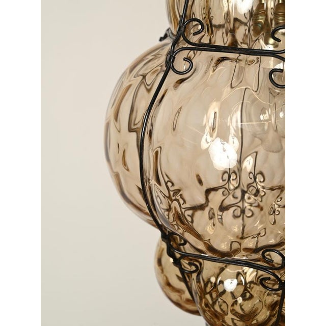 Black Large Mouth-Blown Murano Amber Glass and Iron Lantern Pendant Light from Seguso, Italy, 1940 For Sale - Image 8 of 18