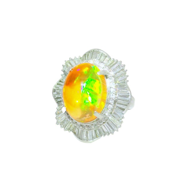 Contemporary 7.41 Carat Mexican Fire Opal Diamond Platinum Double Halo Ring, Size 6 For Sale - Image 3 of 6