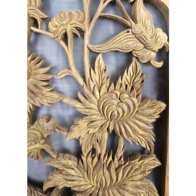 1970s Vintage Phoenix Peony Chinese Relief Carved Wood Panel Wall Sculpture For Sale In Chicago - Image 6 of 11