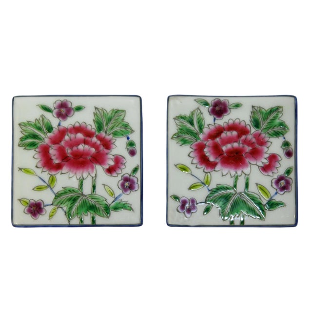 Hand Painted Flower Graphic Square Porcelain Coaster / Tile 2 Pcs For Sale
