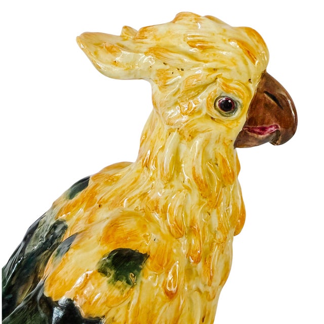 Yellow Vintage Large Italian Majolica Ceramic Cockatoo Parrot Sculpture For Sale - Image 8 of 17