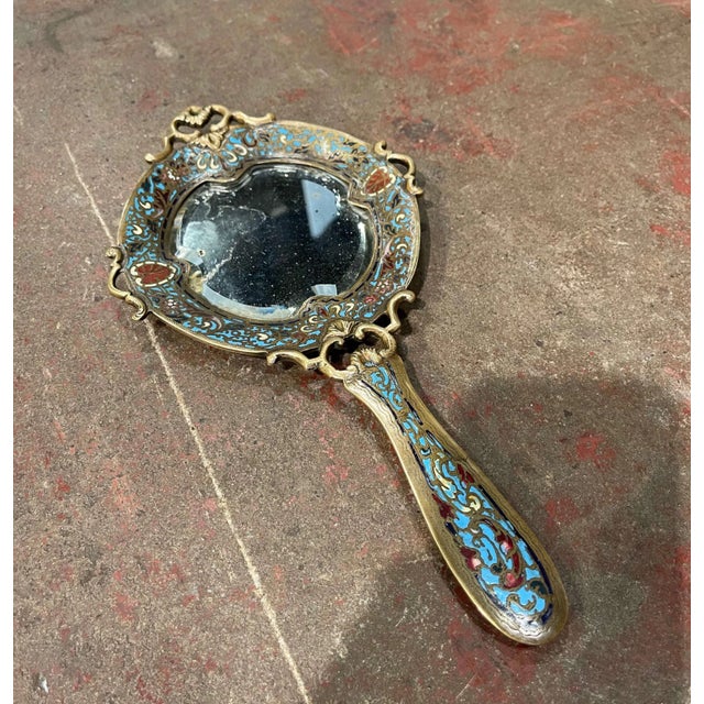 Metal 19th Century French Brass and Champleve Hand Vanity Mirror With Beveled Glass For Sale - Image 7 of 9