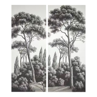 36" * H96" * 2ps, Hand-Painted Vintage Greyscale Pine Tree Scenic Wall Mural, Tuscan Forest Landscape Wall Decor For Sale