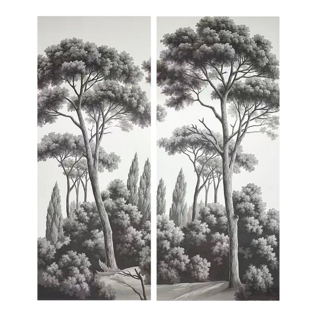 36" * H96" * 2ps, Hand-Painted Vintage Greyscale Pine Tree Scenic Wall Mural, Tuscan Forest Landscape Wall Decor For Sale