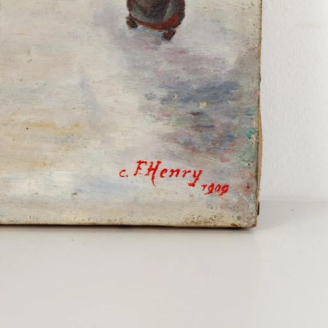C F Henry Belgian Winter Village Oil Painting Early 20th Century