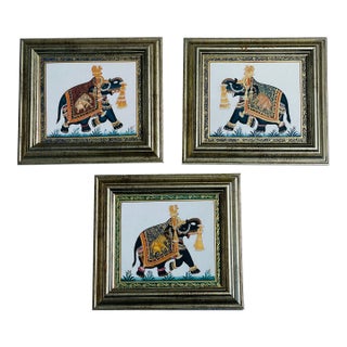 Vintage British Colonial Elephant Silkscreens Frames - Set of 3 For Sale