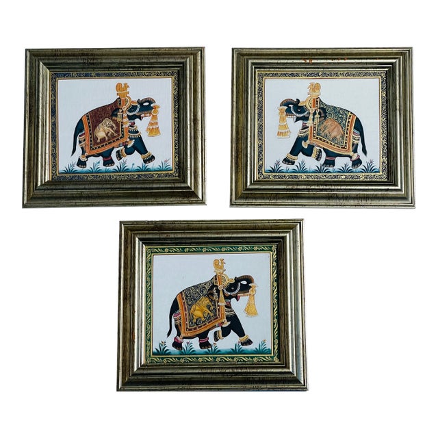 Vintage British Colonial Elephant Silkscreens Frames - Set of 3 For Sale