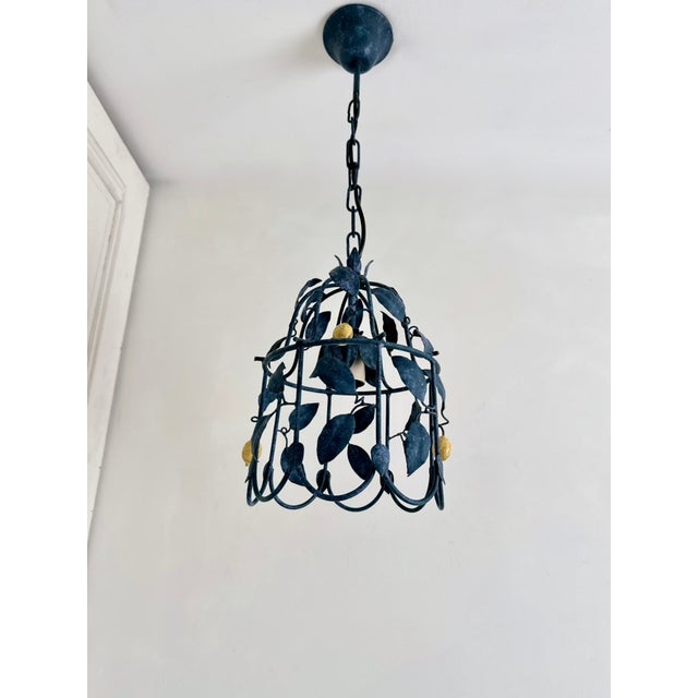 French painted-tole citrus chandelier by j.p. Ryckaert, produced circa 1980–1995. This uncommon single-light cage...