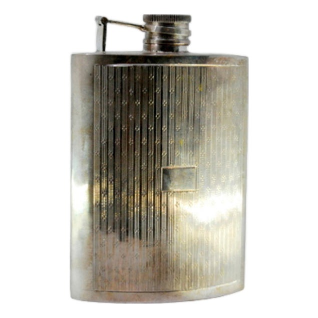 Whiskey Flask in Guilloche Silver with Monogram Coat of Arms and Screw Cap For Sale