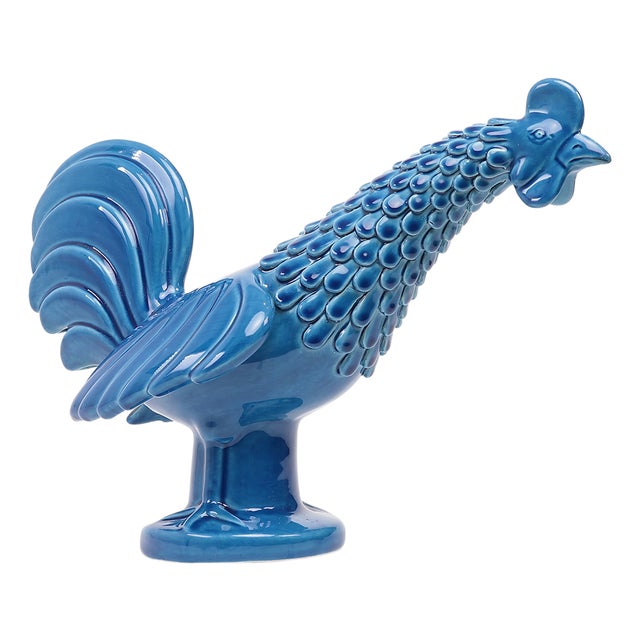 Vintage Italian Blue Ceramic Rooster, 1960s For Sale