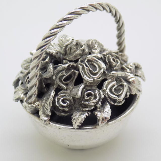 1980s Vintage Italian Handmade Genuine Sterling Silver 925 Basket of Roses Figurine, Dollhouse Miniature by Raspini For Sale - Image 5 of 11