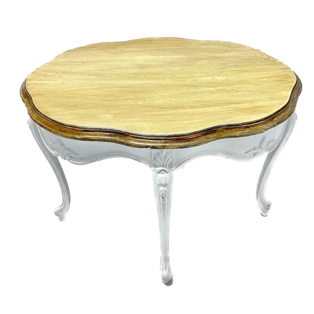 Vintage painted cabriole leg and stripe painted carved side table. Abstract acanthus leaf leg carvings. No maker's marks.