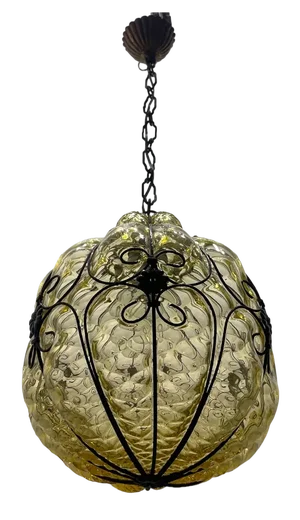 Wrought Iron Murano Glass Light Pendant, 1950s
