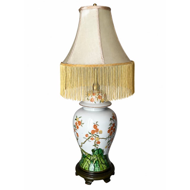 Vintage Chinoiserie Floral Ginger Jar Table Lamp With Long Gold Fringe Shade For Sale - Image 15 of 16
