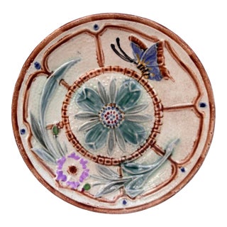 19th Century Majolica Flowers & Butterfly Plate Wasmuel For Sale