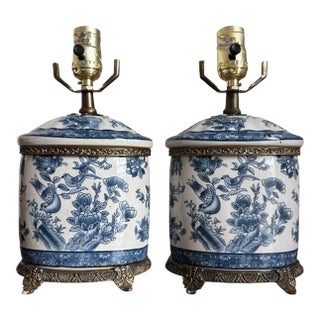 Vintage Blue White Chinoiserie Ginger Jar Porcelain Brass Table Lamps - a Pair For Sale
