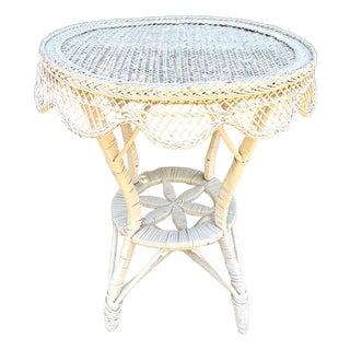 Vintage White Wicker and Rattan Side Table With Scalloped Skirt For Sale