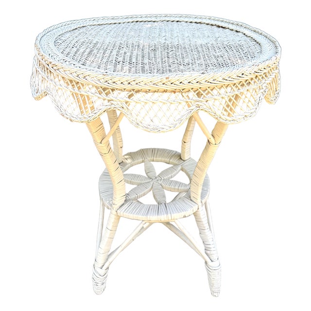 Vintage White Wicker and Rattan Side Table With Scalloped Skirt For Sale