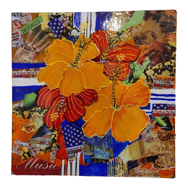 Vintage Vibrant Floral Hibiscus Collage Original Painting Signed by Vicki Silva For Sale