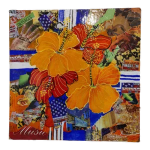 Vintage Vibrant Floral Hibiscus Collage Original Painting Signed by Vicki Silva
