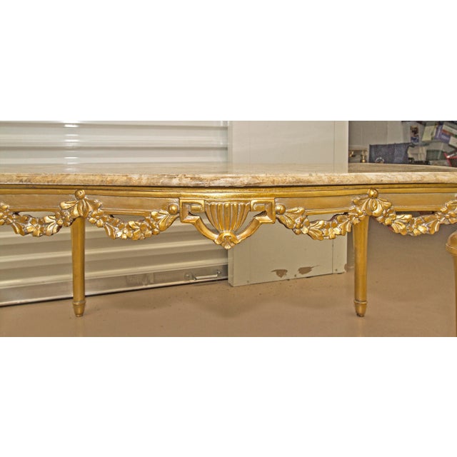 Beautiful gold tone coffee table with rare Italian marble top. Purchased from Lloyd's Fine Arts in San Francisco as a set...