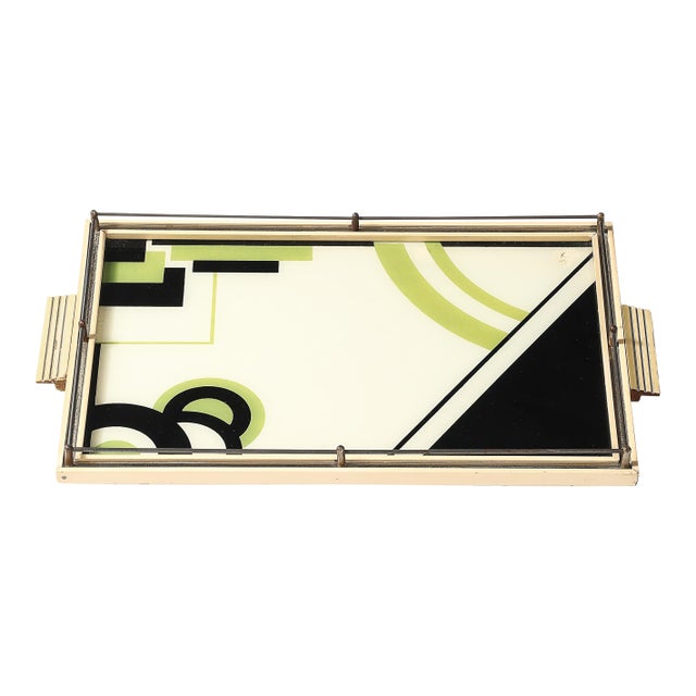 Art Deco Eglomise Cubist Graphic Geometric Motif Tray W/ Cream Lacquered Border For Sale