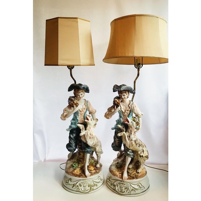 20th Century Capodimonte Porcelain Boy and Dog Figurine Lamps a Pair