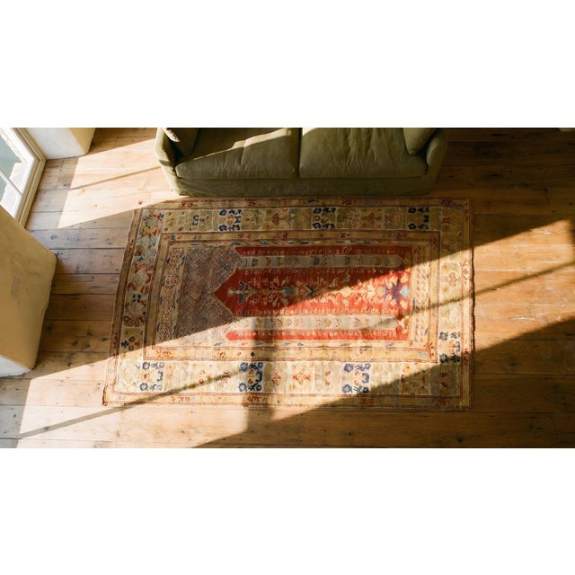 1750s Red Muslim Prayer Geometric AntiqueTurkish Kula Rug 4' 0" X 6' 4" Knotted Wool Carpet For Sale - Image 14 of 15