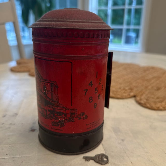 Traditional Vintage Burnett Ltd. Red Tinplate Post Box Money Bank For Sale - Image 3 of 6