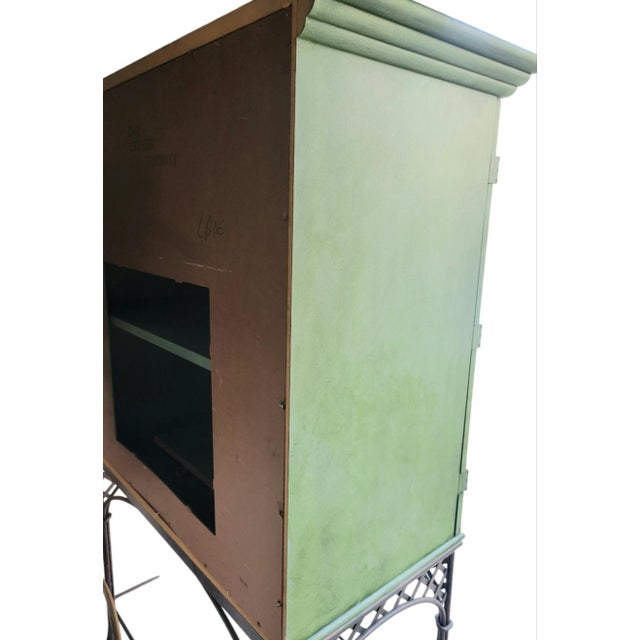 Hollywood Regency Vintage Customized Painted Green Faux Croc Faux Bamboo Iron Dry Bar Storage Cabinet by Lane For Sale - Image 3 of 18