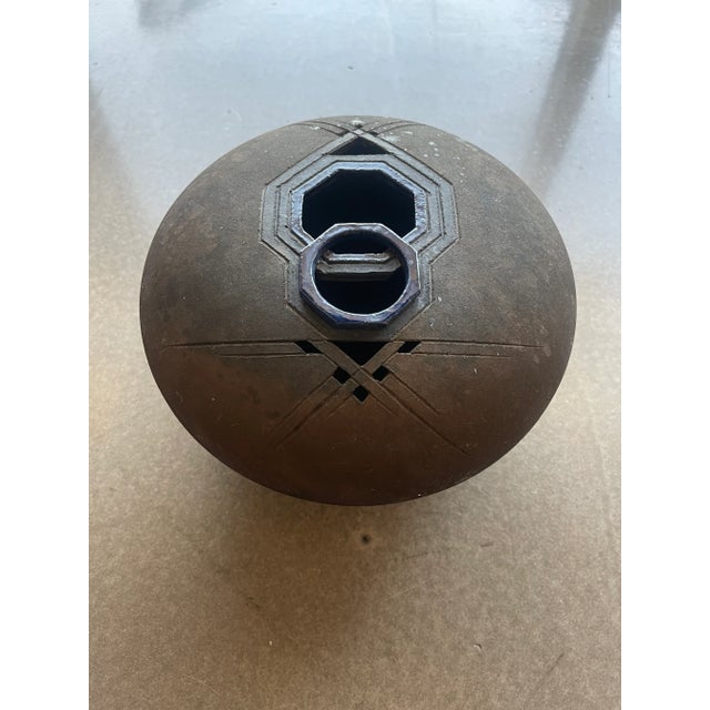 Mid-Century Modern Rare Karl Christiansen 1985 Signed Large Scale Raku Ceramic Geometric Pierced Art Vessel VaseVase Wilton Iowa For Sale - Image 3 of 12