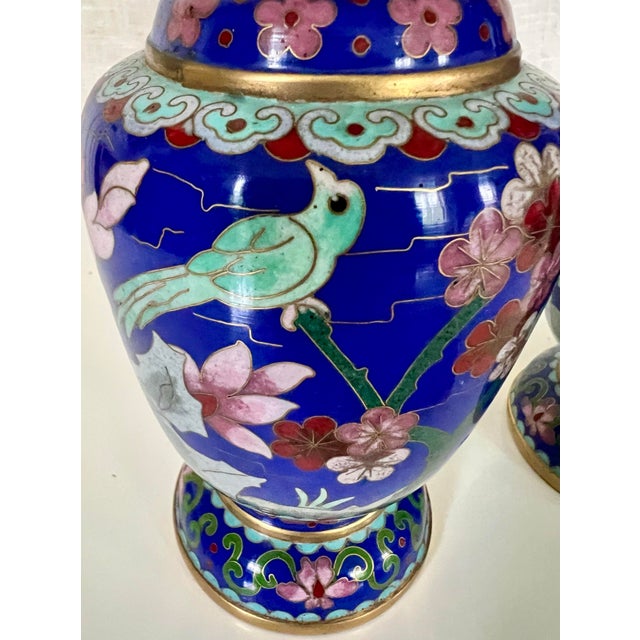 Pair of Mid-Century Cloisonné Bud Vases, Cobalt Blue With Bird and Blossom Motif For Sale In Milwaukee - Image 6 of 12