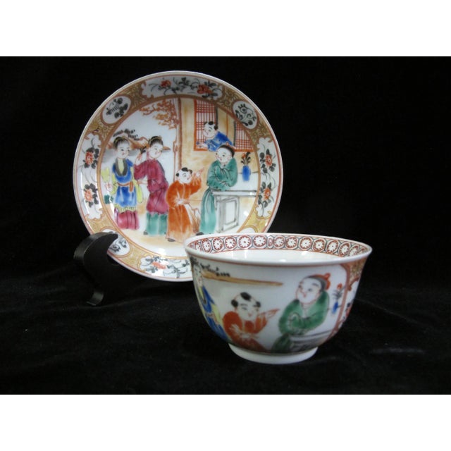 Chinese Porcelain Famille Rose Figural Tea Cup Bowl and Saucer Set For Sale - Image 10 of 10
