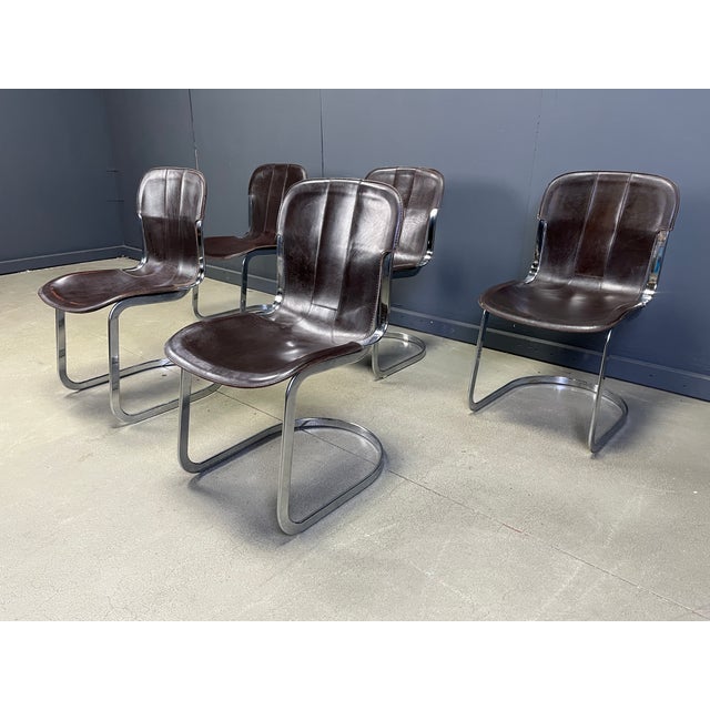 Italian Cantilever Dining Chairs in Chrome and Leather from Cidue, 1970s, Set of 5 For Sale - Image 7 of 9